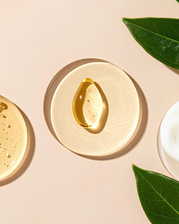 A gel serum texture beside a green leaf