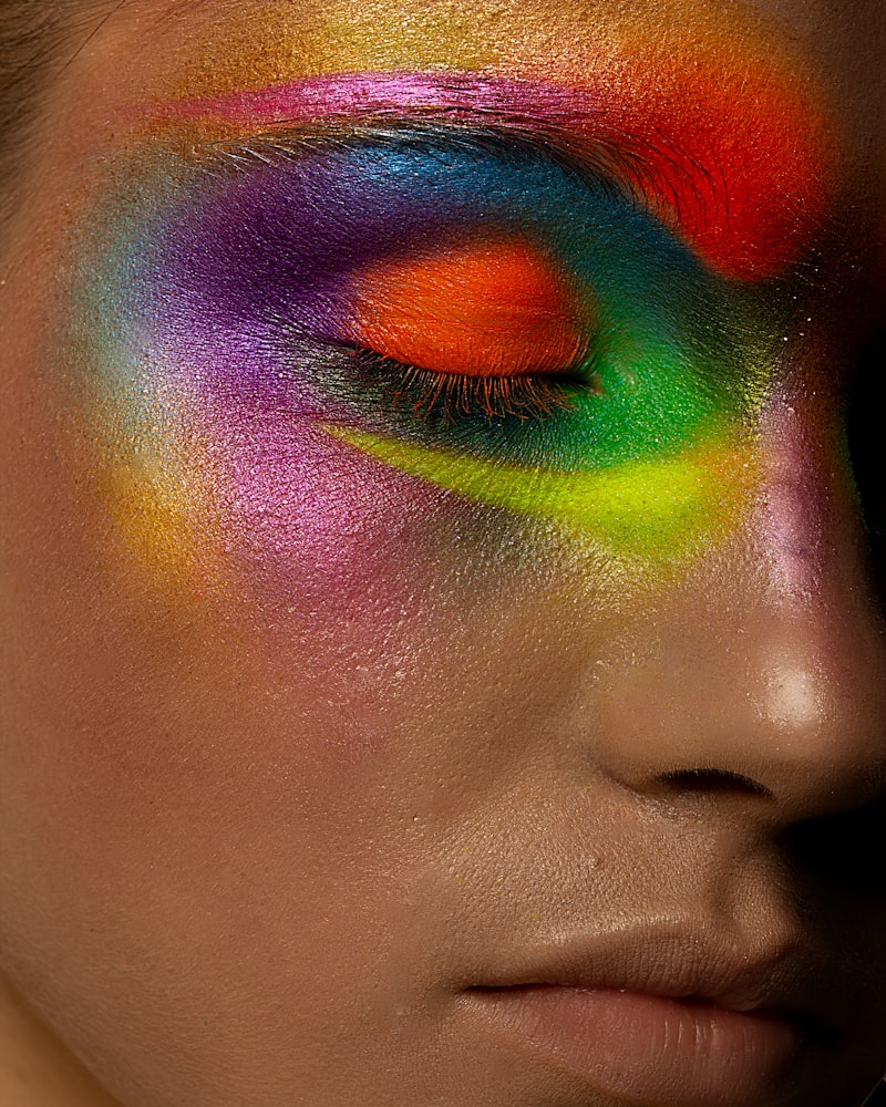 A close-up of a rainbow eyeshadow eye look