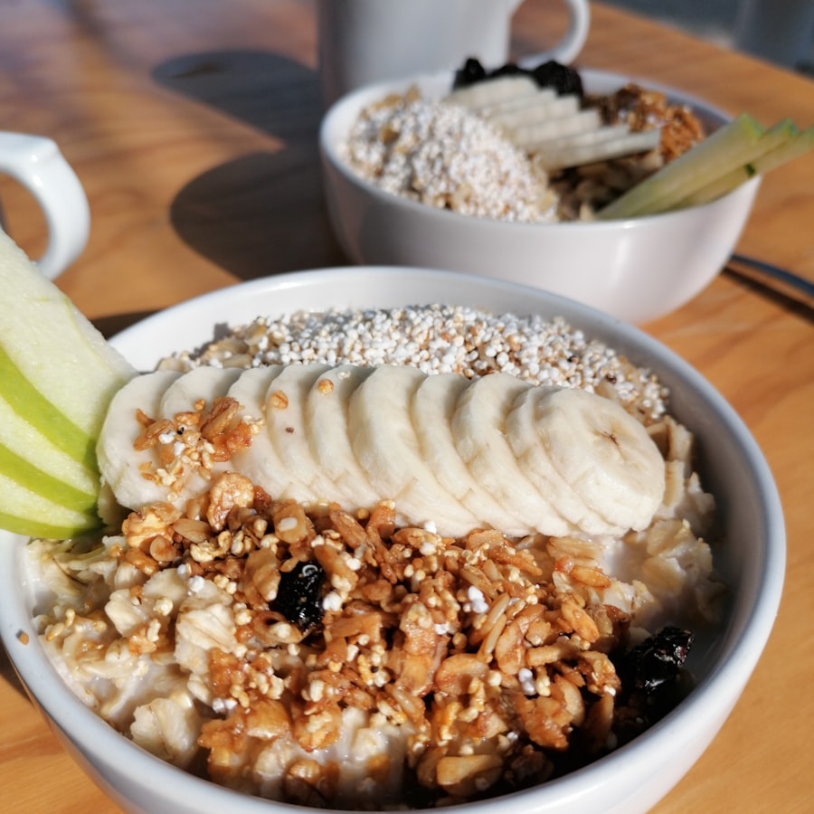 Bowls of oats on a rustic wooden table