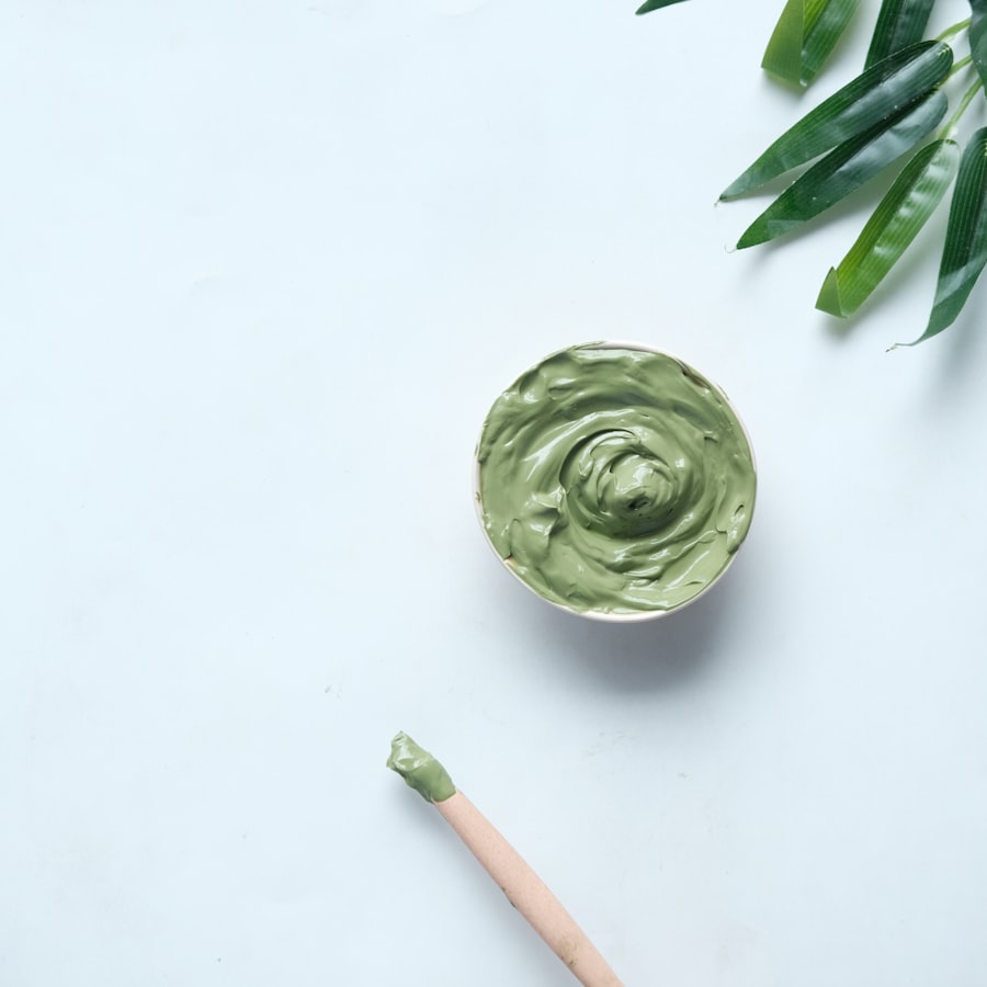 Green clay mask blended in a small ceramic dish