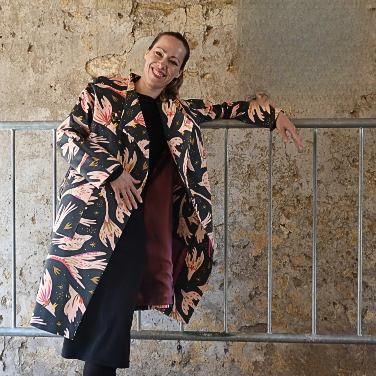 Vera Spring Coat in a black botanical print