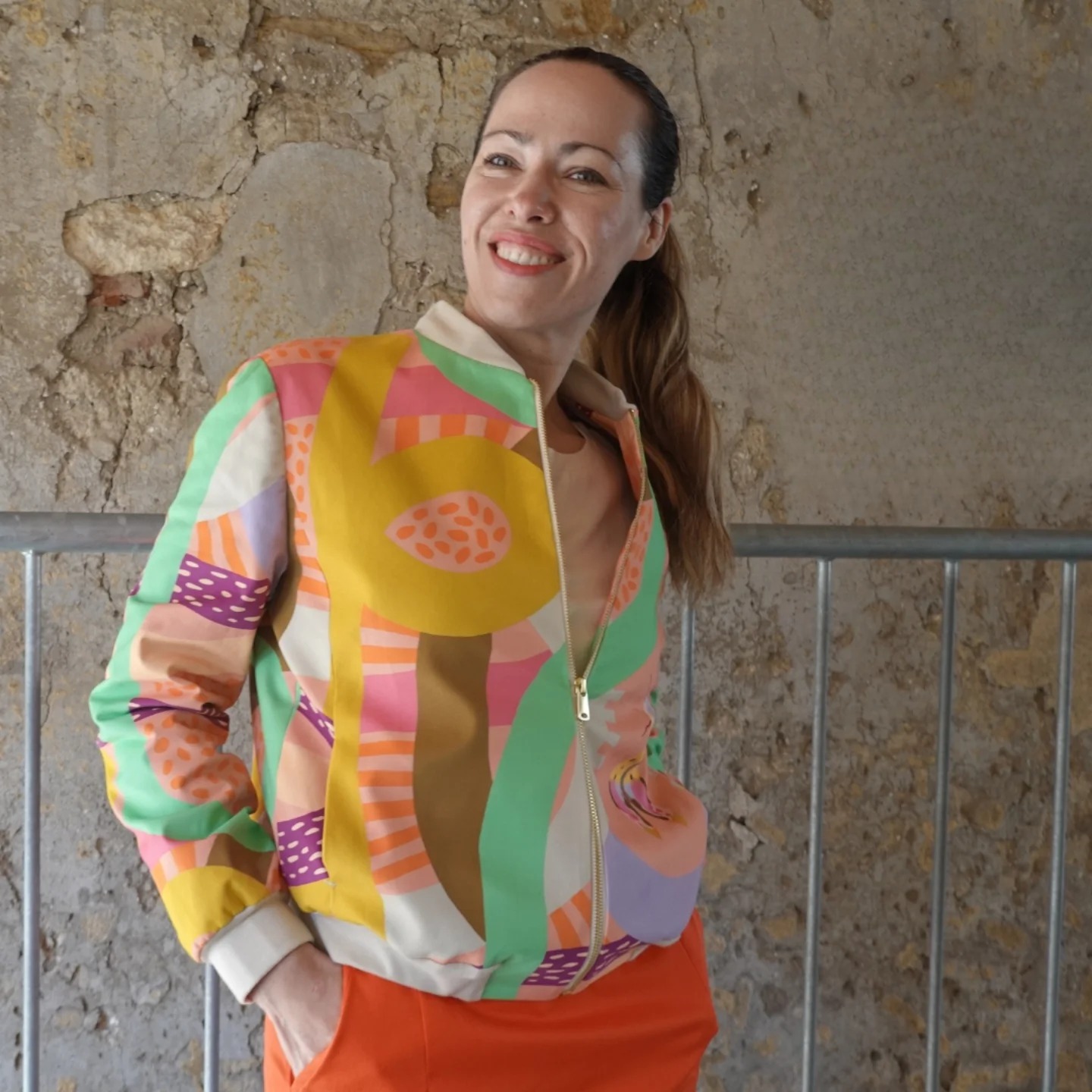 The one-off Bora bomber jacket, worn with a smile