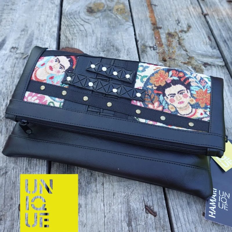 A leather clutch with Frida embroidery