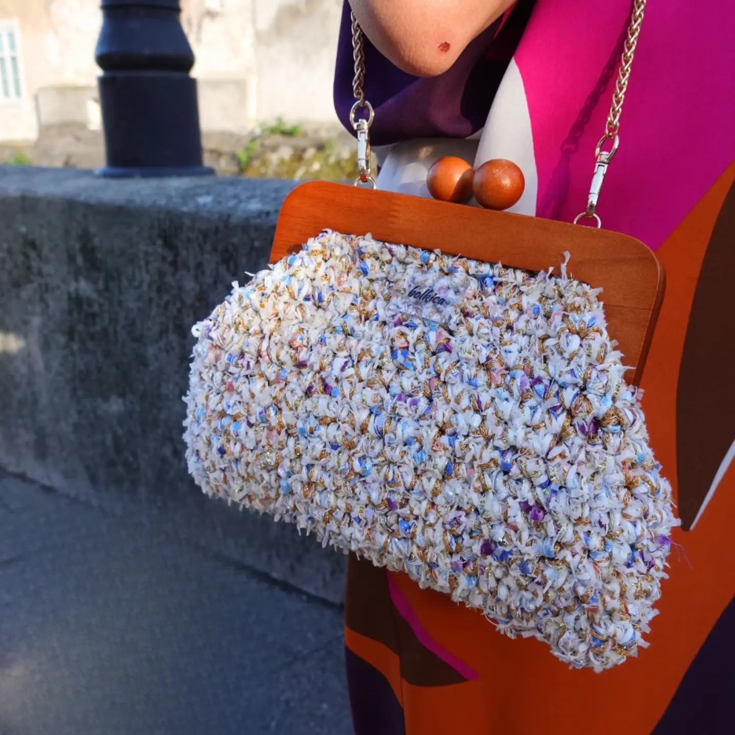 Greta Frame Bag in pastel tweed with a wooden handle