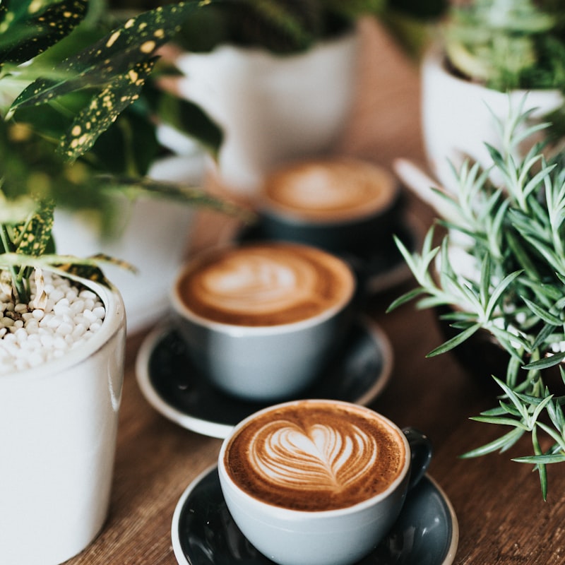 Latte with feathered rosetta art in a stoneware cup