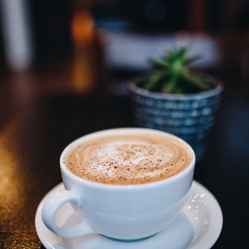 A freshly poured cappuccino dusted with cocoa on a café table