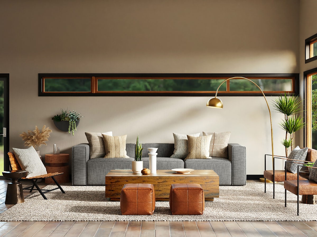 Great room with a 24-foot glass wall, low walnut furnishings, and a linear fireplace.