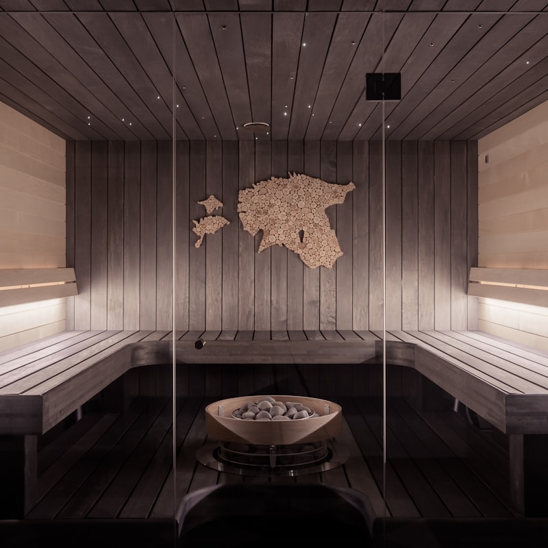 Cedar sauna interior with soft warm light