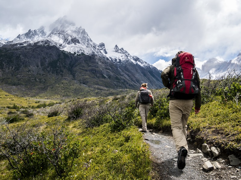 Two trekkers with backpacks hiking a trail toward jagged Patagonian peaks