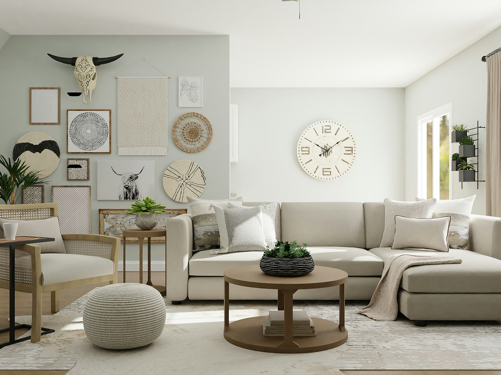 A warm, neutral living room styled with woven baskets, ceramic vases and soft textiles