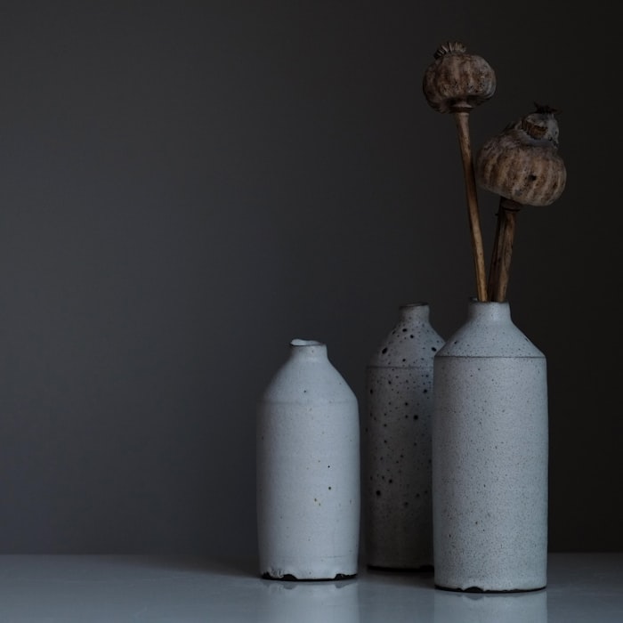 Three pale stoneware bottle vases holding dried poppy seed heads