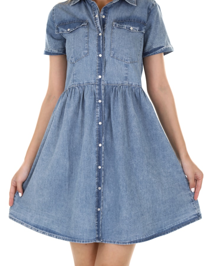 Model in a relaxed chambray Tencel shirt dress
