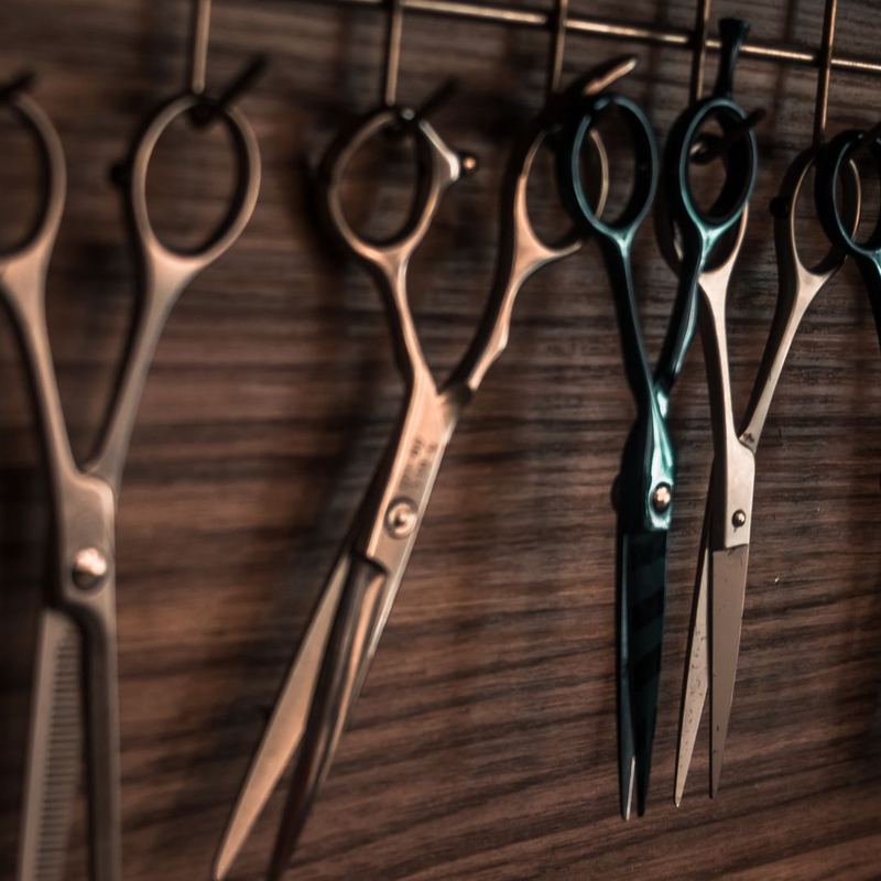 A row of scissors hanging on a workshop wall
