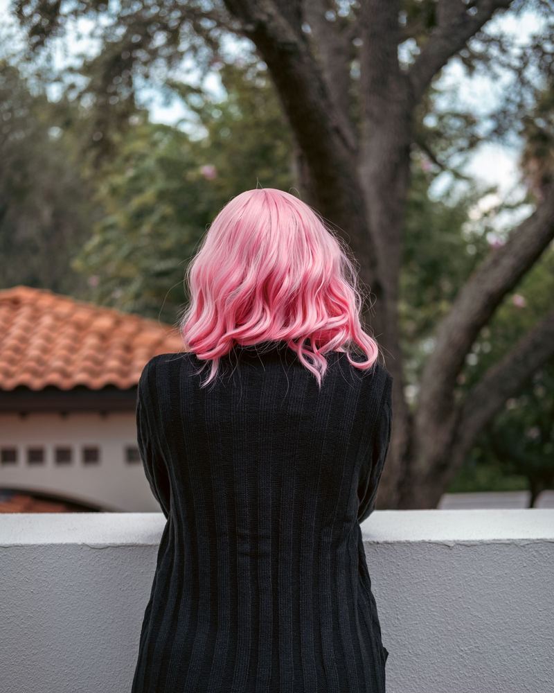 Bubblegum pink bob seen from behind