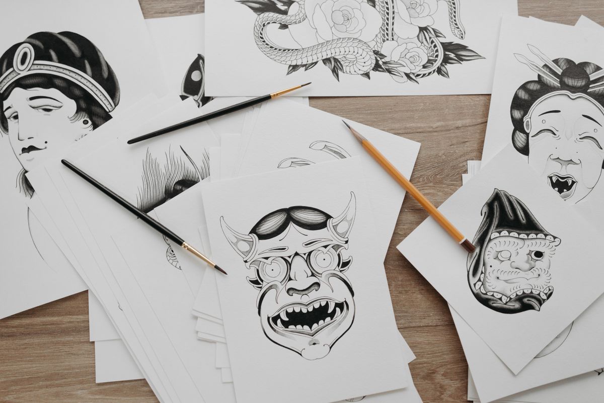 Flash sheet: hannya mask drawing on paper